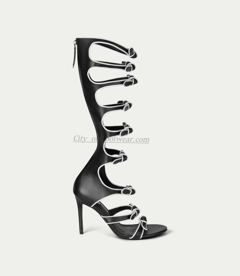 Women'S Fashion Knee High Boots - Black and white bowknot open toe