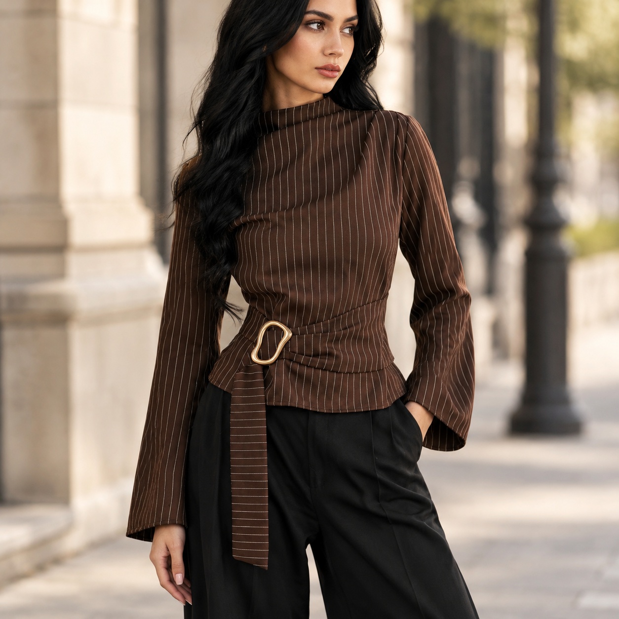 Tie Bell Sleeve Top Fitted Wai - đánh giá và giá Women Fashion Necktie